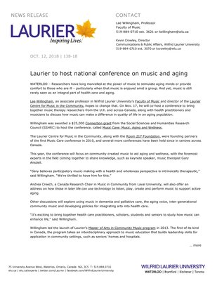 138-2018 : Laurier to host national conference on music and aging