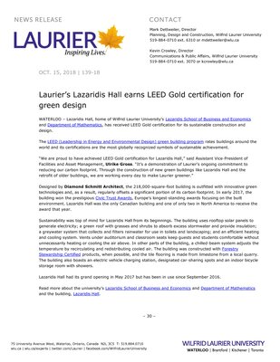 139-2018 : Laurier’s Lazaridis Hall earns LEED Gold certification for green design