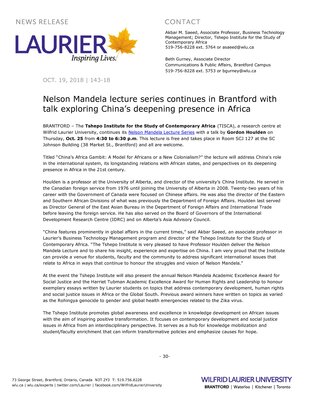 143-2018 : Nelson Mandela lecture series continues in Brantford with talk exploring China’s deepening presence in Africa