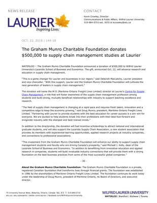 144-2018 : The Graham Munro Charitable Foundation donates $500,000 to supply chain management studies at Laurier