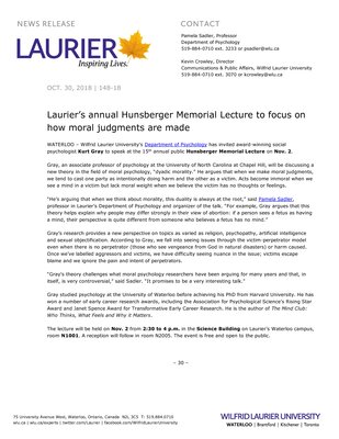 148-2018 : Laurier’s annual Hunsberger Memorial Lecture to focus on how moral judgments are made