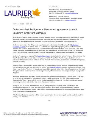 151-2018 : Ontario’s first Indigenous lieutenant governor to visit Laurier’s Brantford campus