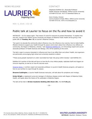 152-2018 : Public talk at Laurier to focus on the flu and how to avoid it