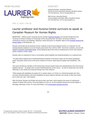 156-2018 : Laurier professor and Huronia Centre survivors to speak at Canadian Museum for Human Rights