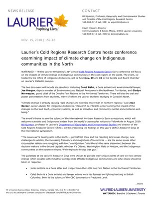 159-2018 : Laurier’s Cold Regions Research Centre hosts conference examining impact of climate change on Indigenous communities in the North