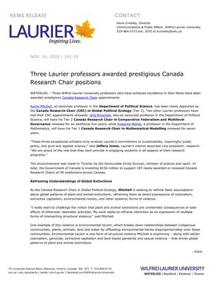 161-2018 : Three Laurier professors awarded prestigious Canada Research Chair positions