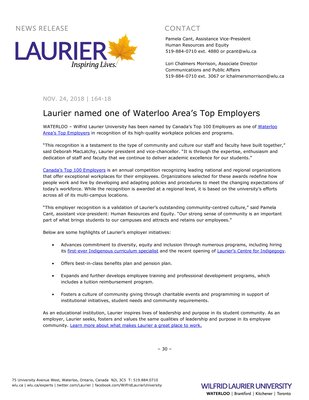 164-2018 : Laurier named one of Waterloo Area’s Top Employers