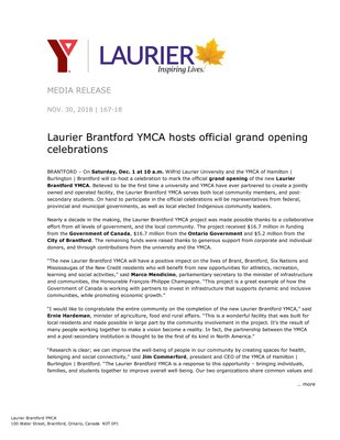 167-2018 : Laurier Brantford YMCA hosts official grand opening celebrations