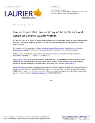 169-2018 : Laurier expert alert: National Day of Remembrance and Action on Violence Against Women