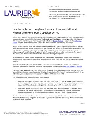 003-2019 : Laurier lecturer to explore journey of reconciliation at Friends and Neighbours speaker series