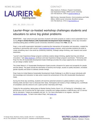 011-2019 : Laurier-Prepr co-hosted workshop challenges students and educators to solve big global problems