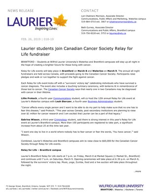 018-2019 : Laurier students join Canadian Cancer Society Relay for Life fundraiser