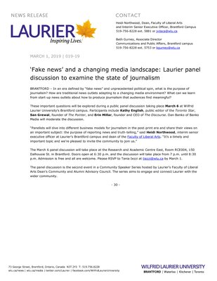 019-2019 : ‘Fake news’ and a changing media landscape: Laurier panel discussion to examine the state of journalism