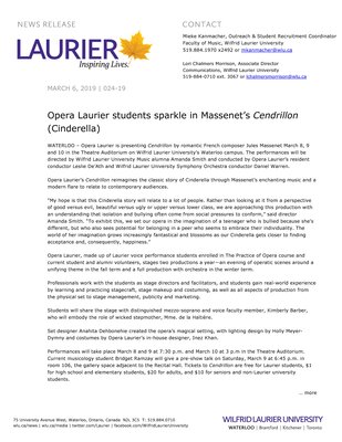 024-2019 : Opera Laurier students sparkle in Massenet’s Cendrillon (Cinderella)