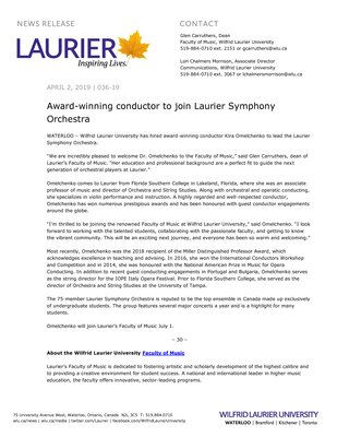 036-2019 : Award-winning conductor to join Laurier Symphony Orchestra