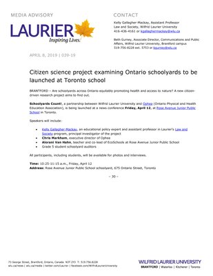 039-2019 : Citizen science project examining Ontario schoolyards to be launched at Toronto school