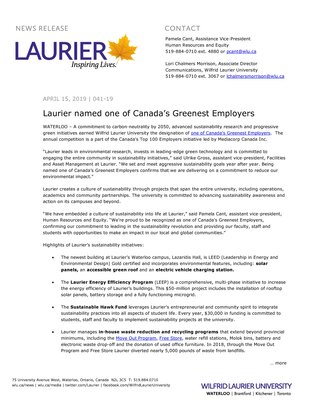 041-2019 : Laurier named one of Canada’s Greenest Employers