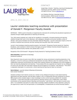 042-2019 : Laurier celebrates teaching excellence with presentation of Donald F. Morgenson Faculty Awards