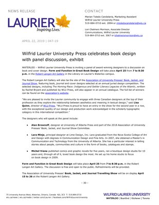 047-2019 : Wilfrid Laurier University Press celebrates book design with panel discussion, exhibit