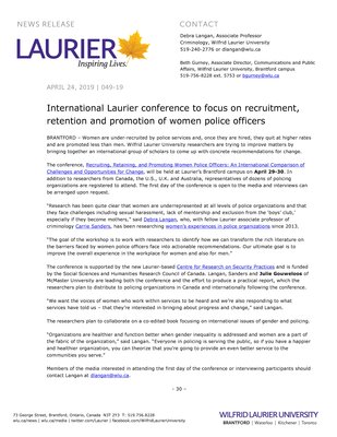 049-2019 : International Laurier conference to focus on recruitment, retention and promotion of women police officers