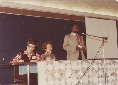 Vivian Msomi speaking at the 1977 annual meeting of the Women's Auxiliary of Waterloo Lutheran Seminary