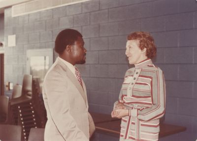 Vivian Msomi and Evelyn Vogt at the 1977 annual meeting of the Women's Auxiliary of Waterloo Lutheran Seminary