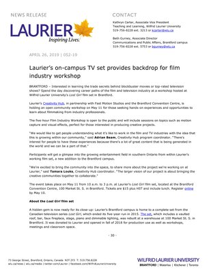 052-2019 : Laurier’s on-campus TV set provides backdrop for film industry workshop