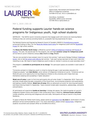 055-2019 : Federal funding supports Laurier hands-on science programs for Indigenous youth, high school students