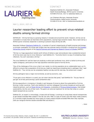 057-2019 : Laurier researcher leading effort to prevent virus-related deaths among farmed shrimp