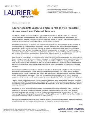 058-2019 : Laurier appoints Jason Coolman to role of Vice President: Advancement and External Relations