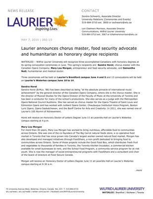 060-2019 : Laurier announces chorus master, food security advocate and humanitarian as honorary degree recipients