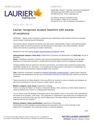 061-2019 : Laurier recognizes student teachers with awards of excellence