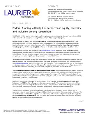 062-2019 : Federal funding will help Laurier increase equity, diversity and inclusion among researchers