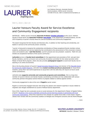 063-2019 : Laurier honours Faculty Award for Service Excellence and Community Engagement recipients