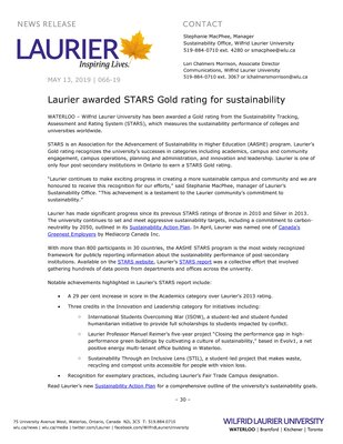 066-2019 : Laurier awarded STARS Gold rating for sustainability