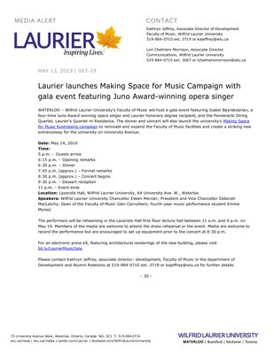 067-2019 : Laurier launches Making Space for Music Campaign with gala event featuring Juno Award-winning opera singer