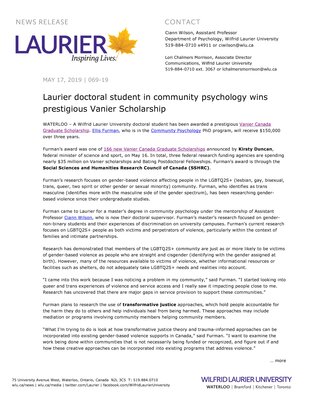 069-2019 : Laurier doctoral student in community psychology wins prestigious Vanier Scholarship