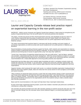 070-2019 : Laurier and Capacity Canada release best practice report on experiential learning in the non-profit sector