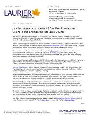 074-2019 : Laurier researchers receive $3.3 million from Natural Sciences and Engineering Research Council