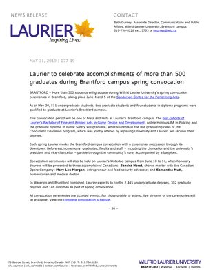 077-2019 : Laurier to celebrate accomplishments of more than 500 graduates during Brantford campus spring convocation