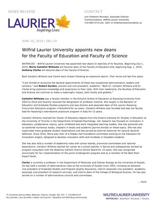 081-2019 : Wilfrid Laurier University appoints new deans for the Faculty of Education and Faculty of Science