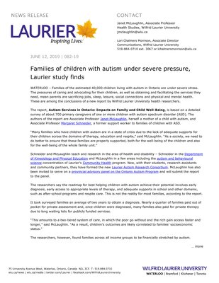 082-2019 : Families of children with autism under severe pressure, Laurier study finds