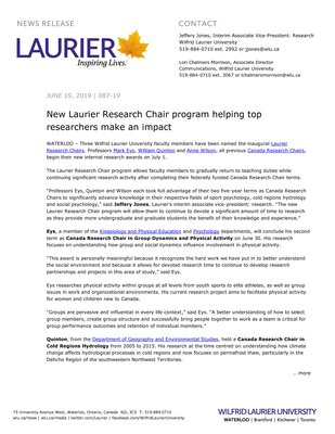 087-2019-A : New Laurier Research Chair program helping top researchers make an impact