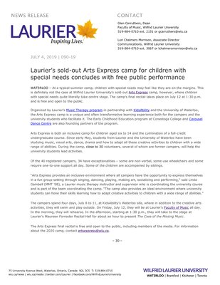 090-2019 : Laurier’s sold-out Arts Express camp for children with special needs concludes with free public performance