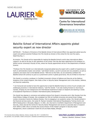 092-2019 : Balsillie School of International Affairs appoints global security expert as new director