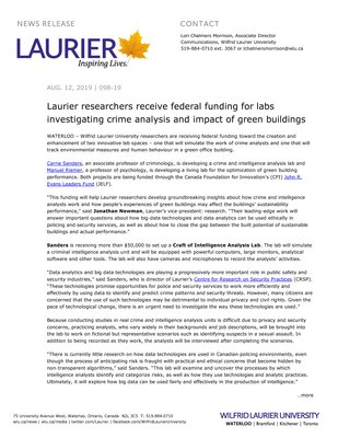 098-2019 : Laurier researchers receive federal funding for labs investigating crime analysis and impact of green buildings