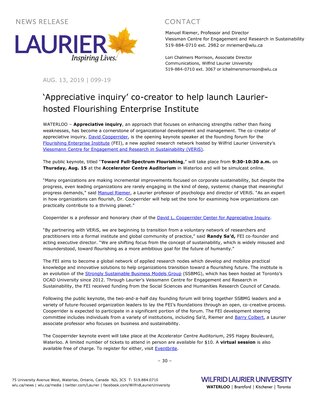 099-2019 : ‘Appreciative inquiry’ co-creator to help launch Laurier-hosted Flourishing Enterprise Institute