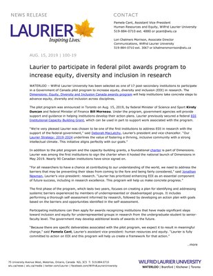 100-2019 : Laurier to participate in federal pilot awards program to increase equity, diversity and inclusion in research