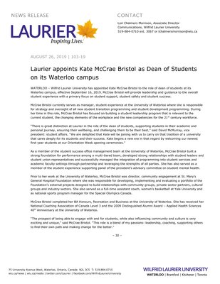 103-2019 : Laurier appoints Kate McCrae Bristol as Dean of Students on its Waterloo campus