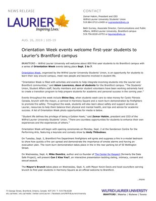 105-2019 : Orientation Week events welcome first-year students to Laurier’s Brantford campus